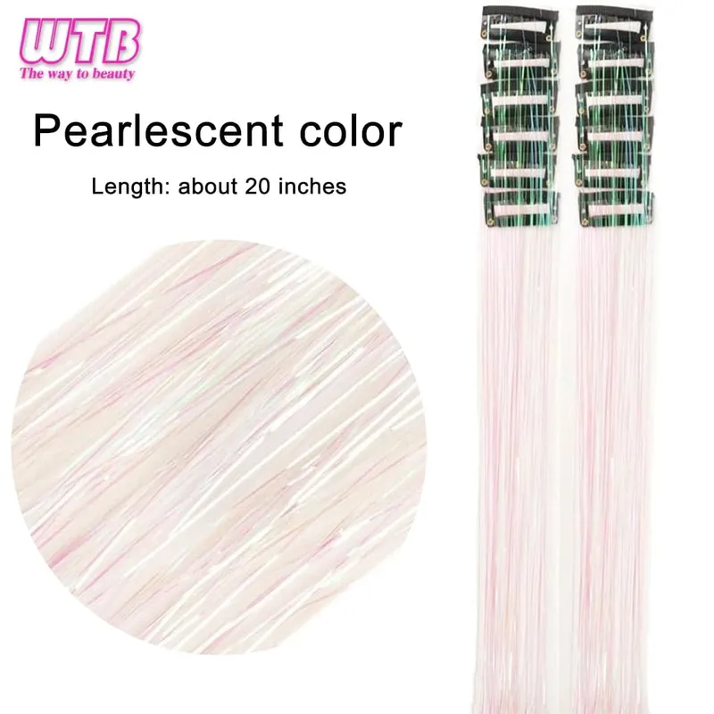 12Pcs Clip in Hair 20 Inch Synthetic Colorful Glitter Tinsel Hair Extension Fashion Party Christmas New Year Gift for Women Hair