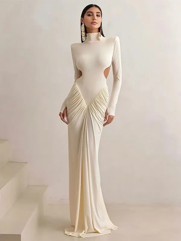 이상한 Puss Backless 맥시 드레스 여성 어깨 패드 긴 소매 허리없는 복숭아 엉덩이 Ruched 우아한 연회 스키니 Vestidos