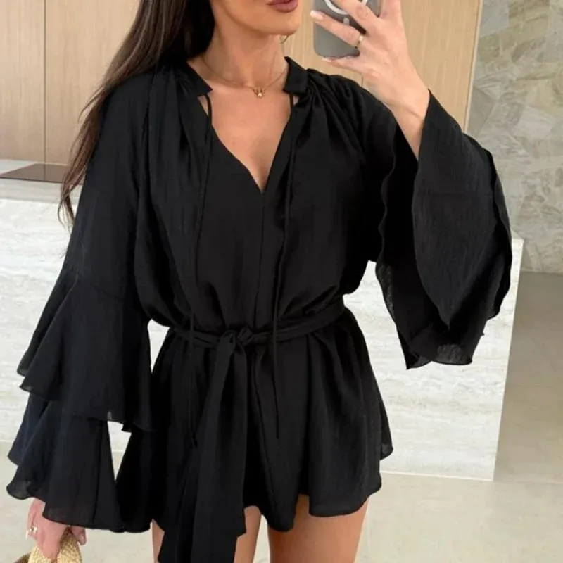 Xuân Hè Ren Rời Mini Váy Đầm Tay Loe Ngày Lễ Áo Cổ Chữ V Sâu Gợi Cảm Phối Ren Chắc Chắn Đầm Nữ vestidos