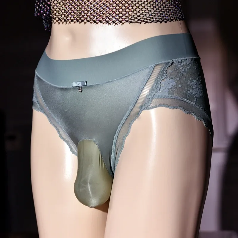 Hedvábné pánské kalhotky Krajka Saténové Erotické spodní prádlo Měkké ultra tenké kalhotky Sissy Feminization Spodní prádlo Zadní část Průhledné spodky