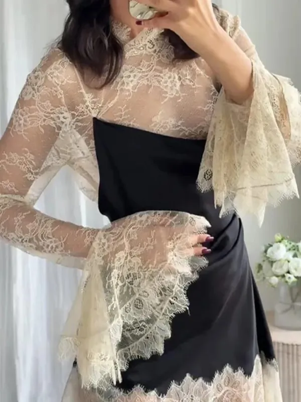 優雅緞面花卉蕾絲拼接迷你連身裙女式不規則下擺長袖連身裙女士 2026 年別緻晚會背心
