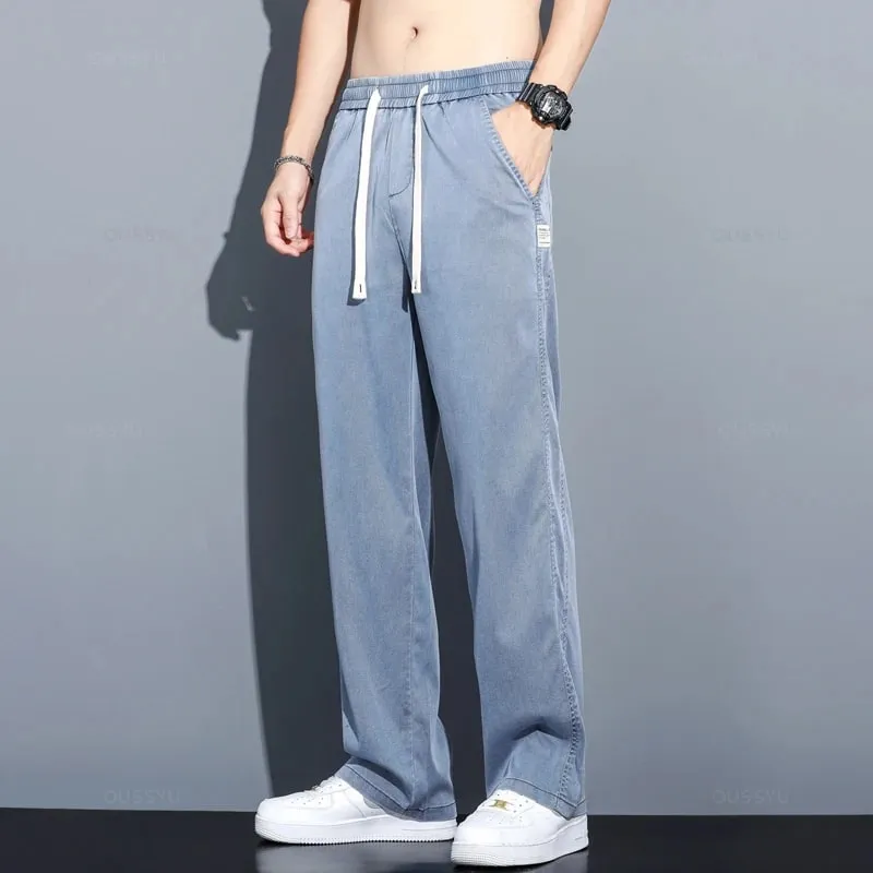 Summer Soft Lyocell Fabric Men's Jeans Thin Loose Straight Pants Drawstring Elastic Waist Korea Casual Trousers Plus Size M-5XL — image 6