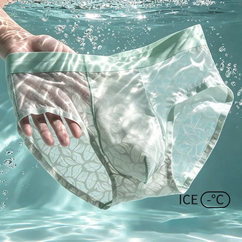 Männer Eis Seide Ultra-dünne Kurze Unterwäsche Nahtlose Spitze Jacquard Atmungsaktive Höschen 3D Ausbuchtung Beutel Transparent Mesh Dessous