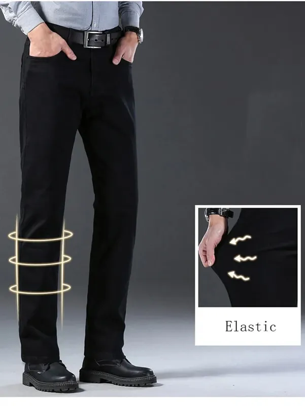 Men Classic Advanced Fashion Brand Pure Black Jeans Man Soft Breathe Stretch Slim Straight Denim Trousers Mens Pants Overalls