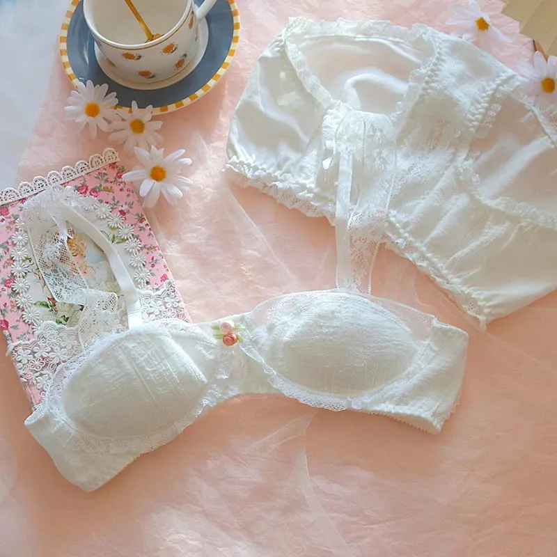 Vintage iç çamaşırı prenses beyaz dantel iç çamaşırı pamuk balenli sütyen ve külot seti japon küçük göğüsler seksi ve sevimli Bralette — image 4
