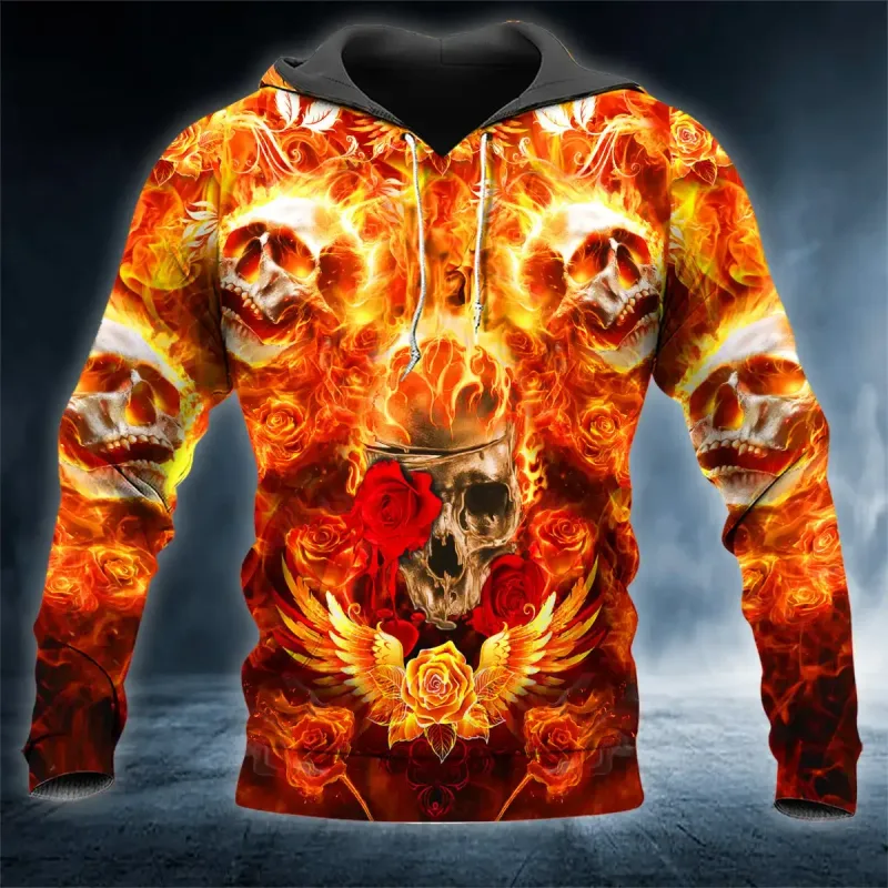 Men Hoodies 3D Print Horror Flaming Skull Graphic Fashion New Style Casual Pullover Personality Oversize Men Clothing Tops