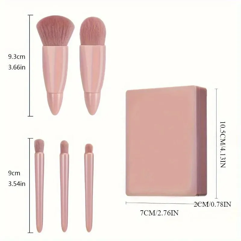 5pcs Mini Makeup Brush Set with Mirror - Multifunctional Travel Cosmetic Brushes Unscented Palm Brush Design Makeup Tools