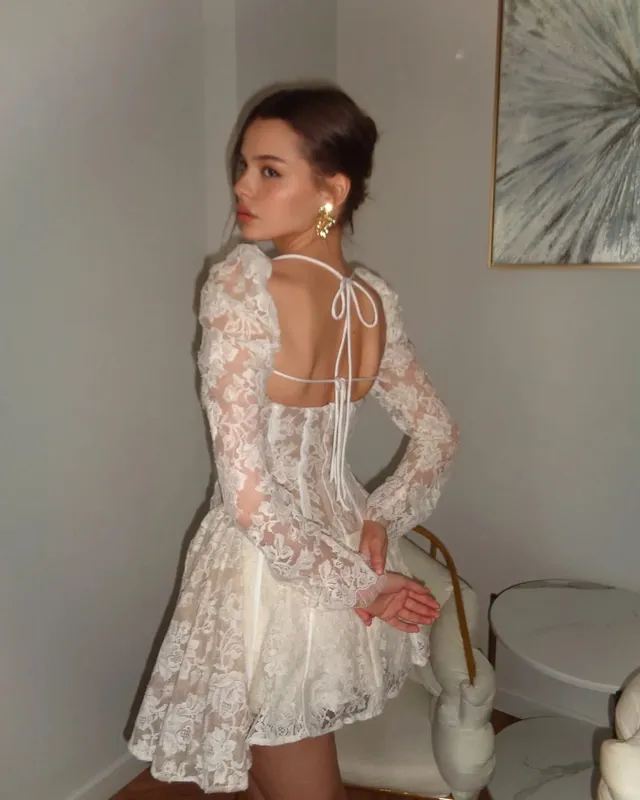 Mini vestido de renda branca com espinha de peixe, mini vestido feminino chique sem costas manga comprida transparente vestidos linha a 2026 robe para festa à noite