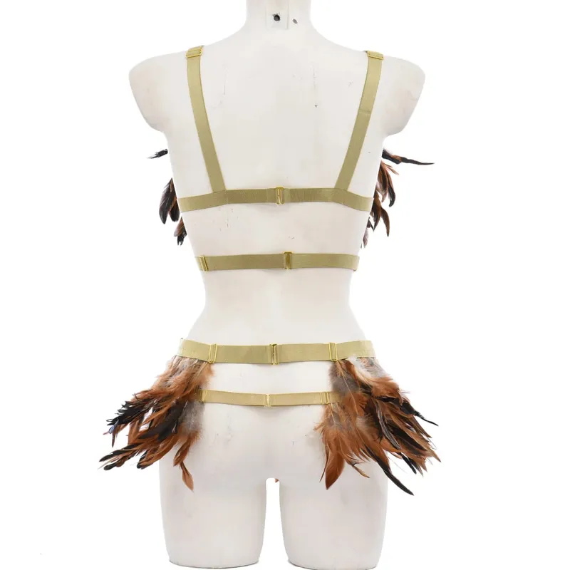 Bra Sangkar Pengekang Tubuh Elastis Gotik Set Lingerie Seksi Penyesuaian Berongga Pakaian Pertunjukan Bulu Halloween Punk Tali Kekang