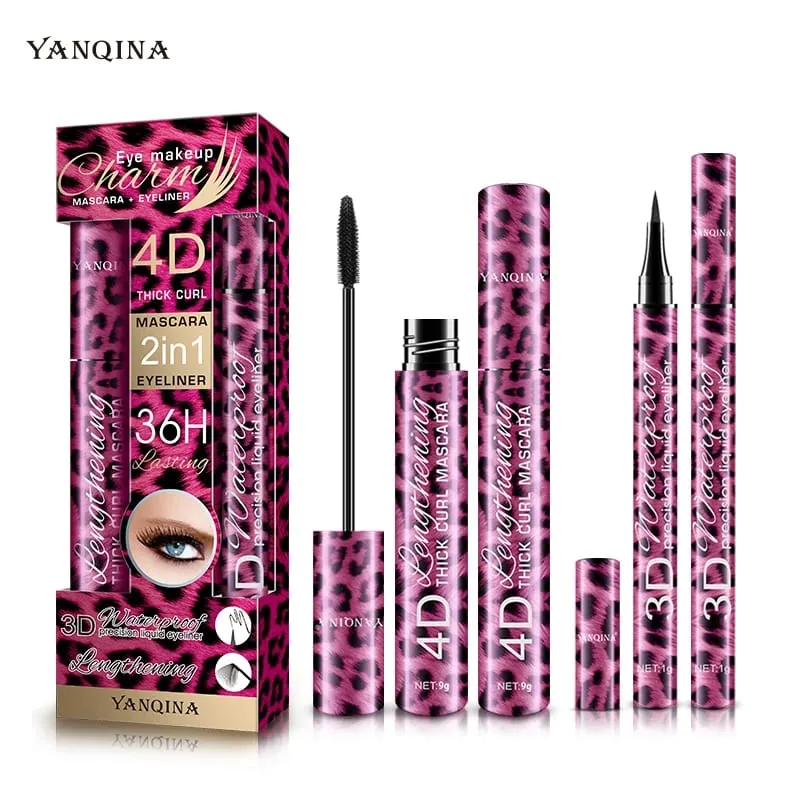 2Pcs 4D Mascara + Liquid Eyeliner Set Waterproof Sweat-Proof Smudge-Proof Lengthening Thickening Curling Long Lasting Eye Make