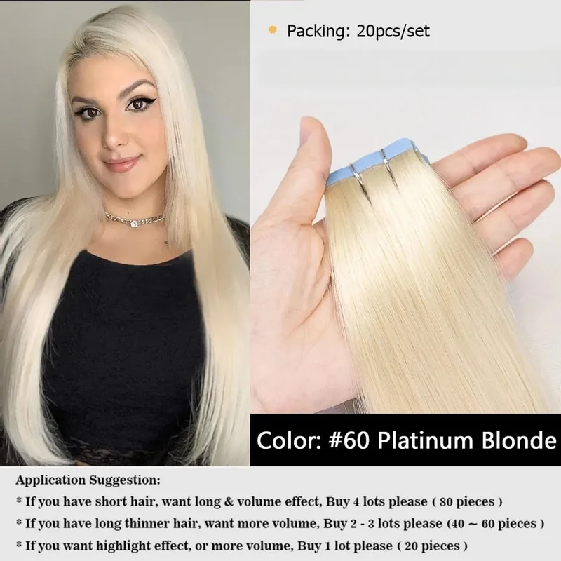 20PCS 12-22inches 30g/pack Tape in Hair Extensions Human Hair Seamless Tape Hair Extensions Skin Weft PU Tape On Hair