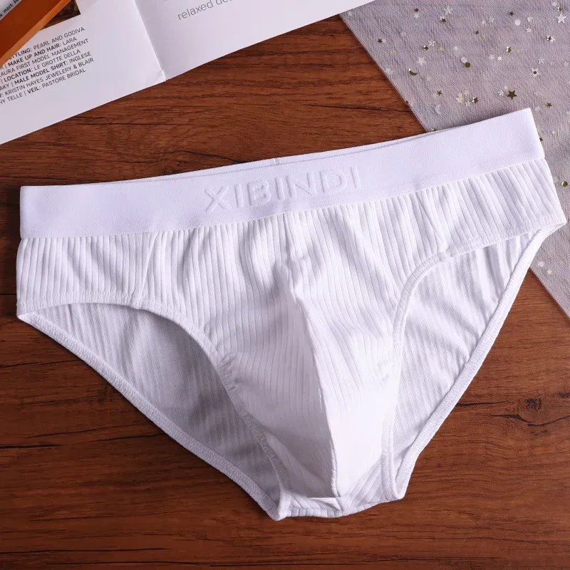 4-Piece Men's Cotton Ribbed Briefs Set - "XIBINDI" Embossed Waistband Underwear (Blue/White/Gray/Pink)