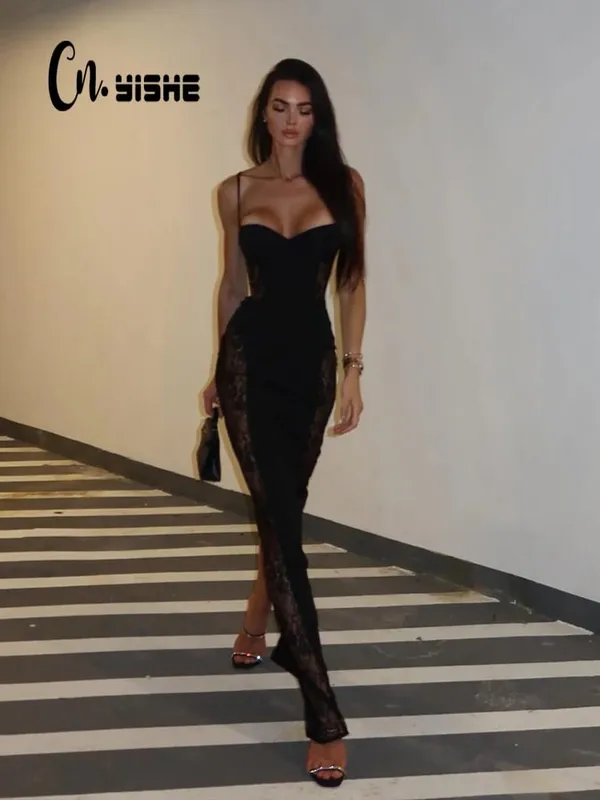 Lace Patchwork Camisoles Solid Split Women Dresses Hip Wrap Sheath Fashion Chic Party Outfits Sexy Club Trendy Female