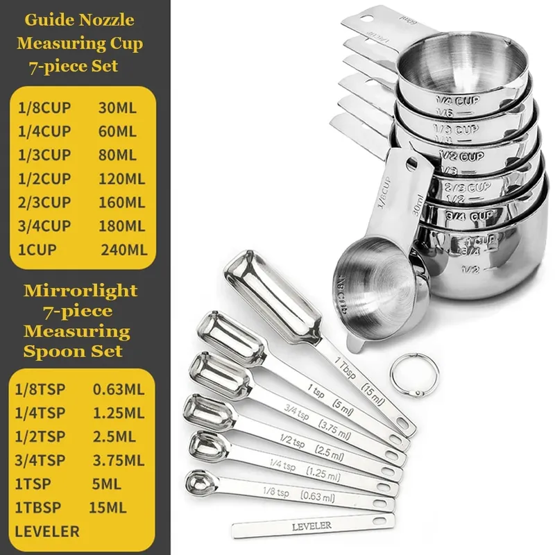 Stainless Steel Measuring Cup and Spoons Set 14PCS with Leveler Dry and Liquid Ingredients Perfect for Cooking & Baking