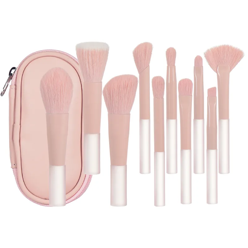 10 pink mini makeup brushes with storage bag foundation contouring brush eyeshadow brow brush - Makeup puff portable makeup