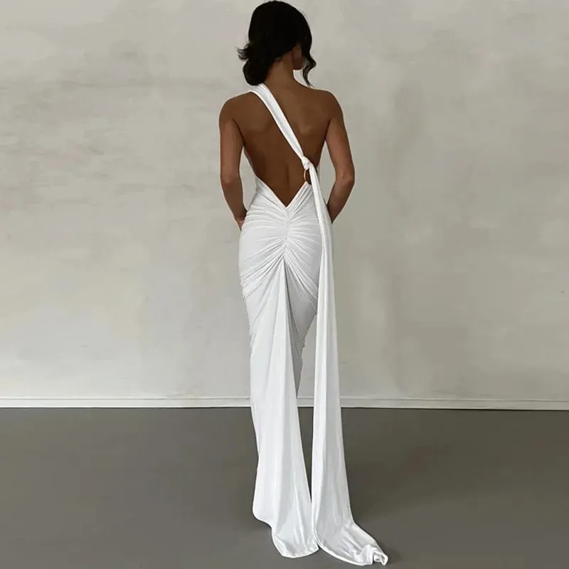Abito maxi senza maniche monospalla da donna Sciarpa regolabile con passante increspato senza schienale aderente Festival Party Outfit Abito lungo elegante