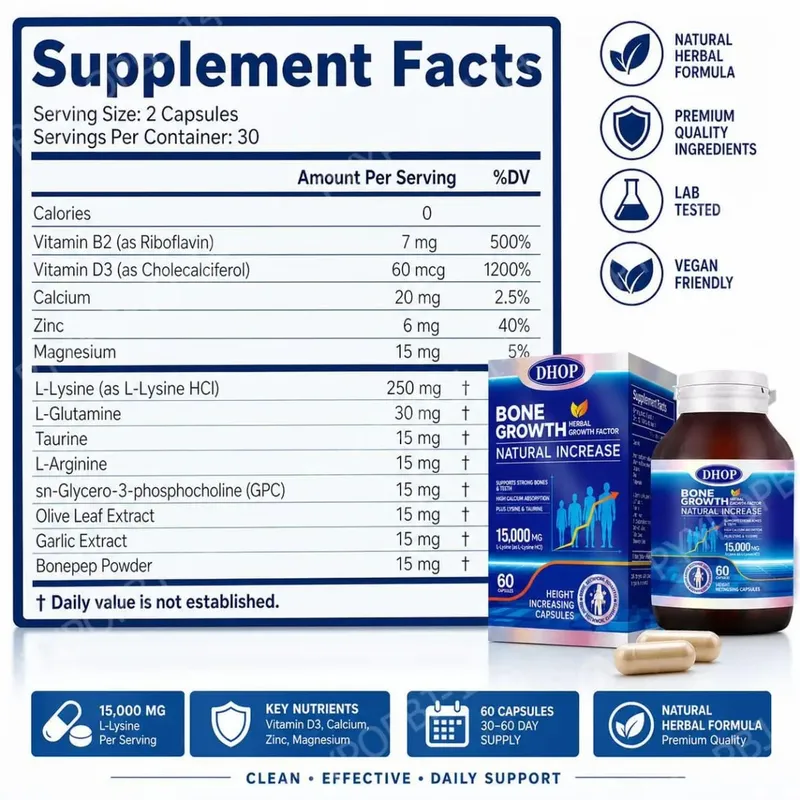 Bone Growth Natural Increase Capsules with L-Lysine Vitamin D3 Calcium & Zinc; Supports Strong Bones & Teeth 60 Capsules