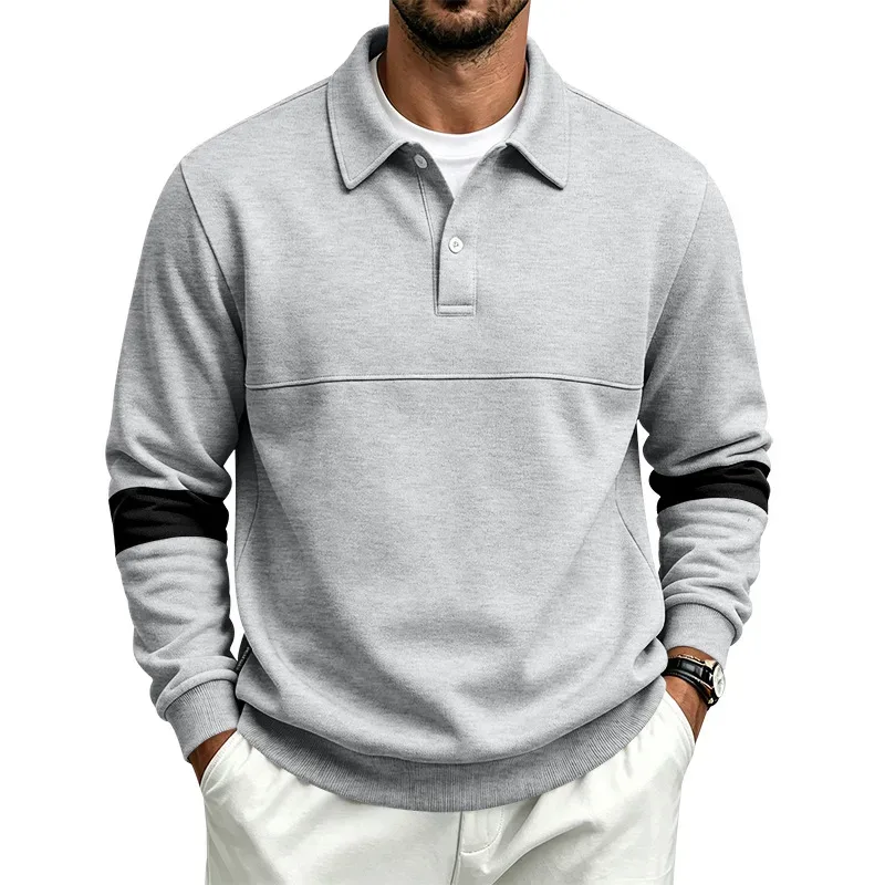 Men Lapel Polo Sweatshirt, Color Block Long Sleeve Pullover, Loose Solid Casual Top for Spring Autumn Daily Outfit — image 11