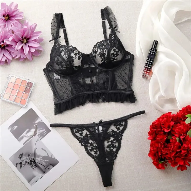 Sexy Bra Brief Set Ruffles Dot Lingerie Embroidery Flowers Solid Panties Underwear Lace Two Back Closure Intimate Exotic Sets