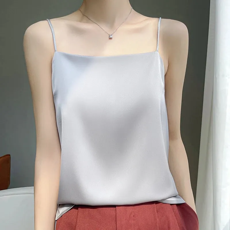 Silk Satin One-Shoulder Sexy Strap Vest Women's Sleeveless Suit Inner Wear Base Shirt Backless Commute Style Pure Color Summer