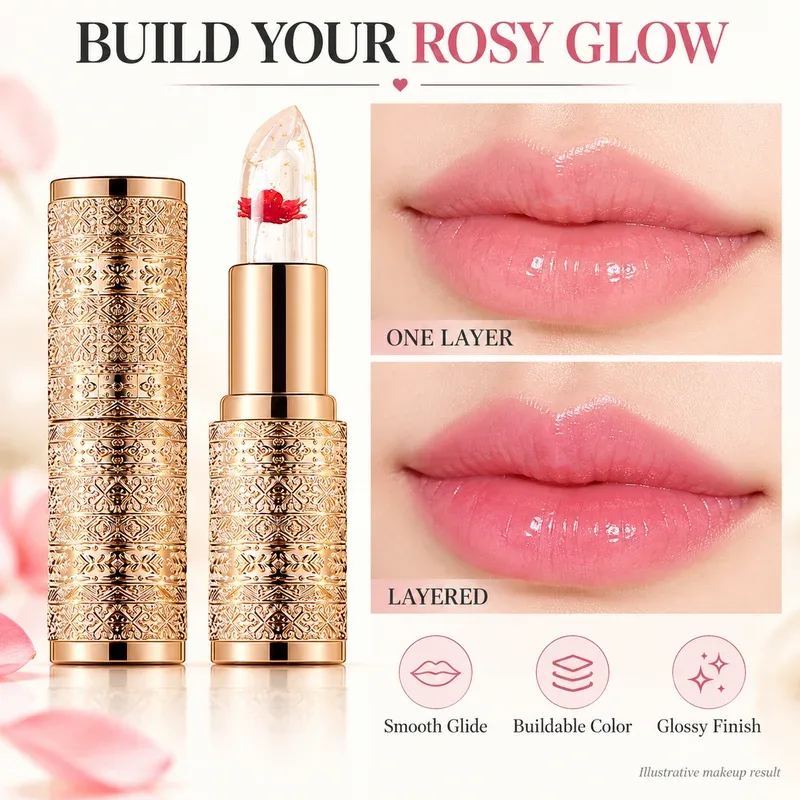 Crystal Flower Jelly Lipstick Color Changing Clear Lip Tint Glossy Pink Finish Gold Case 3 Flower Colors for Everyday Makeup