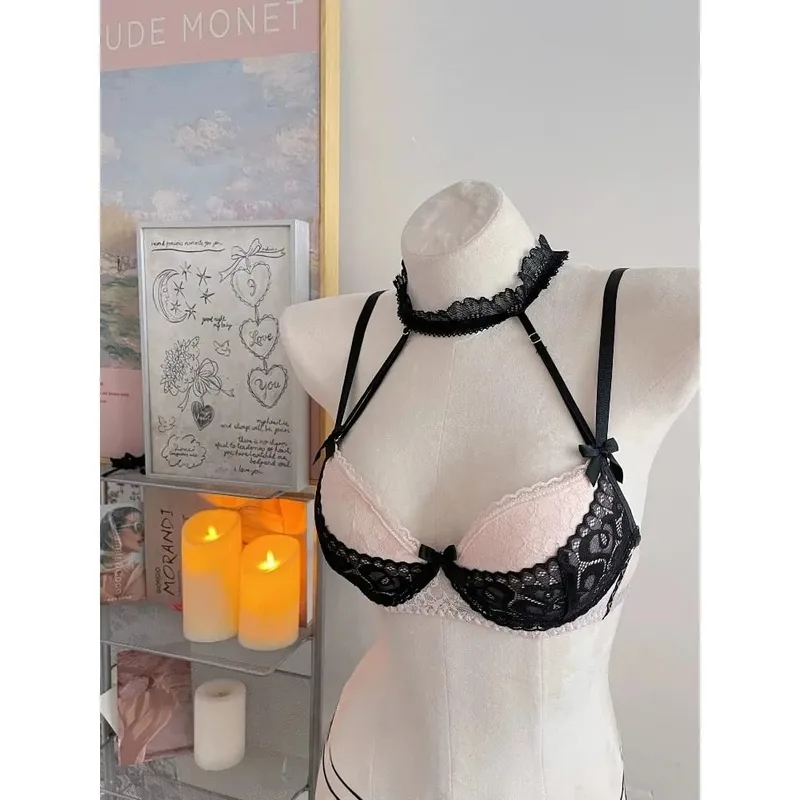 Ladies Halter Neck Lace Bra Detachable Bow Design Underwire Push Up Brassiere Side Breast Collection Daily Intimates Lingerie — image 4