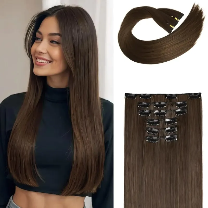 6Pieces/Set Clips in Hair Extensions 24 Inch Synthetic Long Straight Extensions for Women Hairpiece