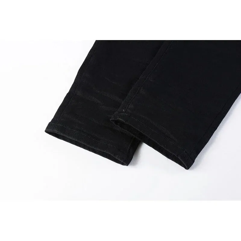 Men's Black Coated Slim Tapered Jeans Vintage Washed Slight Stretch Button Fly High Street Style