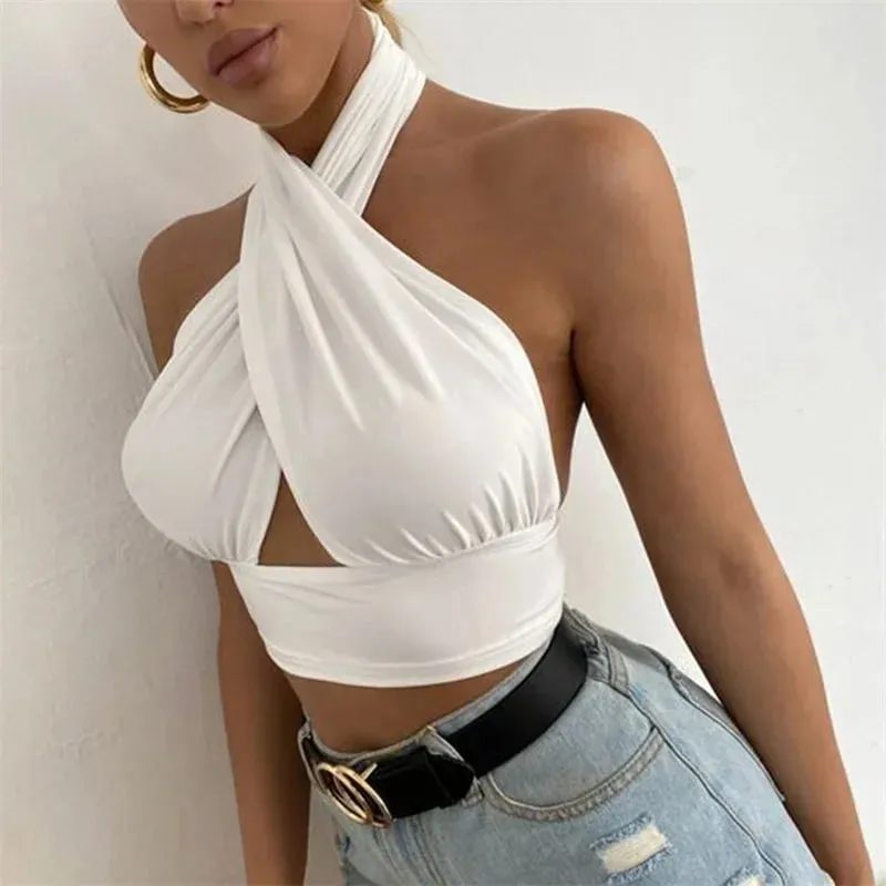 y2k Halter Top Women Summer Clothes Solid Color Sleeveless Backless Vest T Shirt 2000s Aesthetic Clothing Streetwear — image 3