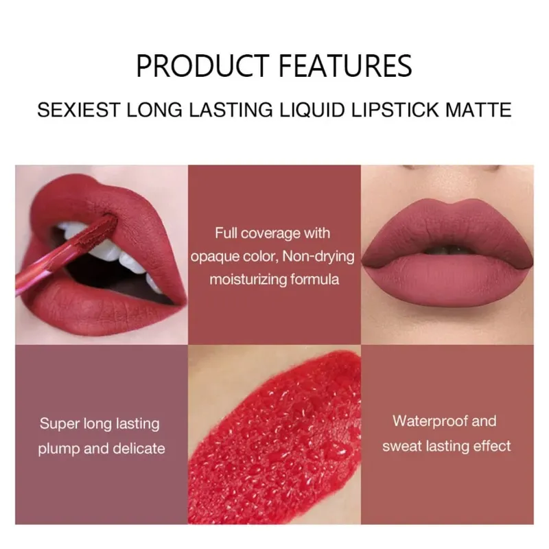 6pcs/Set Lip Gloss Long Lasting Waterproof Matte Lip Tint NonStick Cup Liquid Lipstick Gift Box Cosmetics Makeup