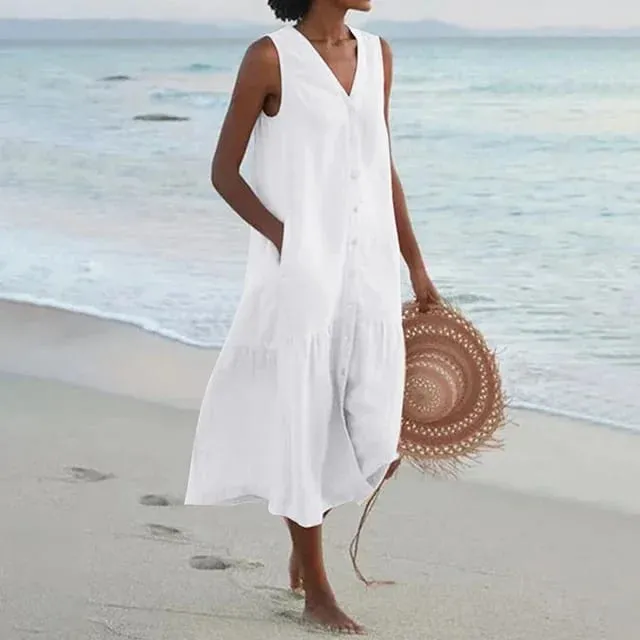 Summer Loose Casual Patchwork Cotton Linen Pocktes Dress V Neck Beach Style Dress Sleeveless Vintage Club Midi Solid Women Dress — image 7