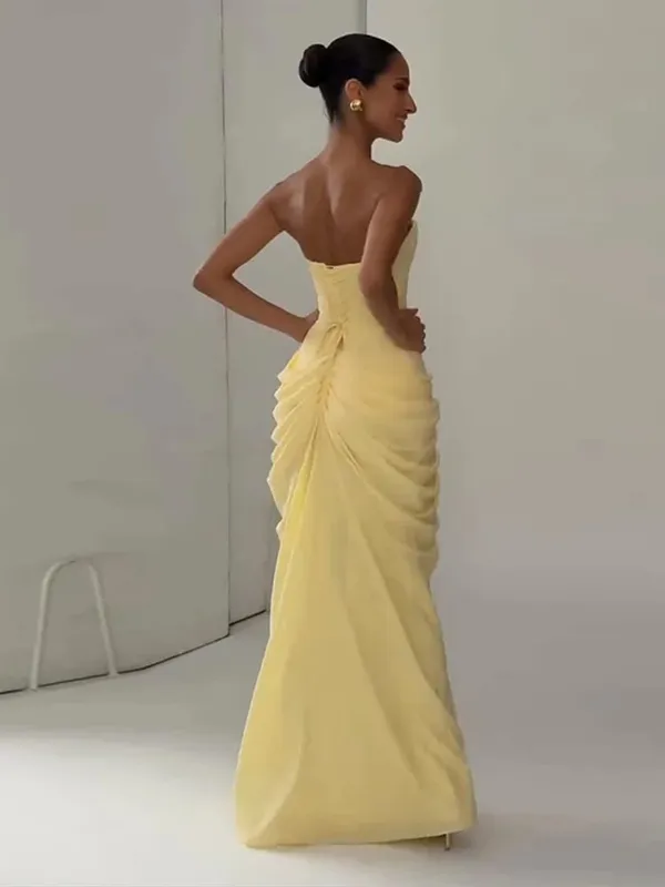 Sexy Solid Pleated Strapless Dress Lady Chic Off-shoulder Backless High Waist Split Dresses Women 2026 New Evening Party Gown
