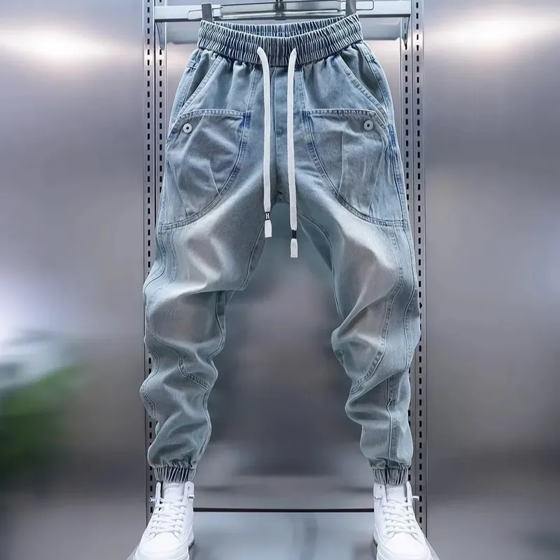 Street Elastic Jeans Men Denim Cargo Pants Wash Solid Color Multi Pockets Casual Mid Waist Trousers Daily Wear Joggers — image 7