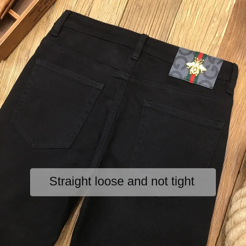 High-End Pure Black Straight Jeans Men's Spring and Autumn Fashion All-Matching Business Classic Stretch Casual Trousers