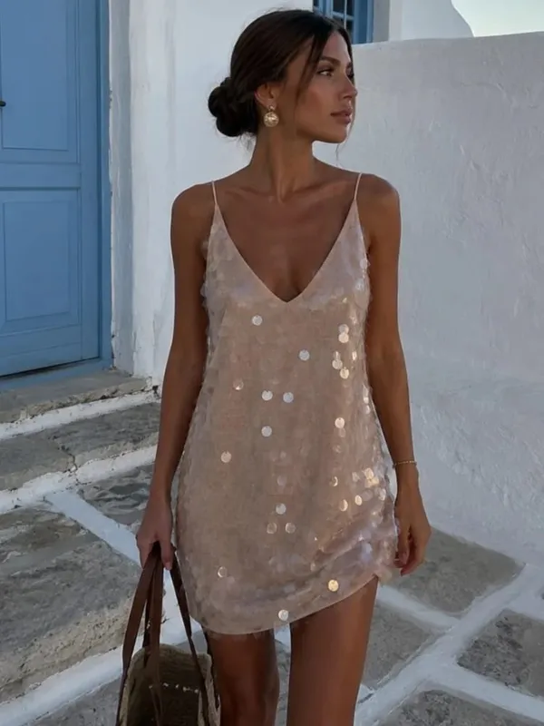 Dames Sexy Backless Korte Jurk met Pailletten Hoge Taille Mouwloze Bodycon Mini-jurken 2026 Strand Vakantie Feest Club Outfits