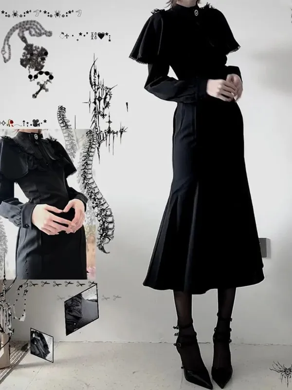 Streetwear Black Vintage Lace Patchwork Dresses Grunge Y2k Aesthetic Pleated Vestidos Gothic Harajuku Woman Bodycon Bow Dress