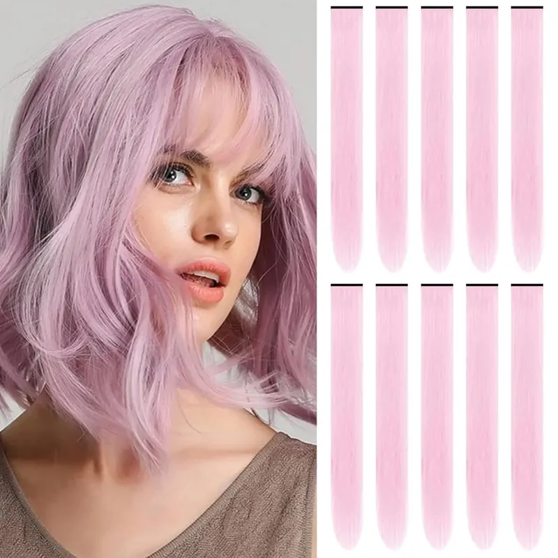 Synthetic 10 PC Hair Extensions Red and Blue Clip in SOlldag Colored Party Highlights Straight Hairpiece for Kids Girls Women