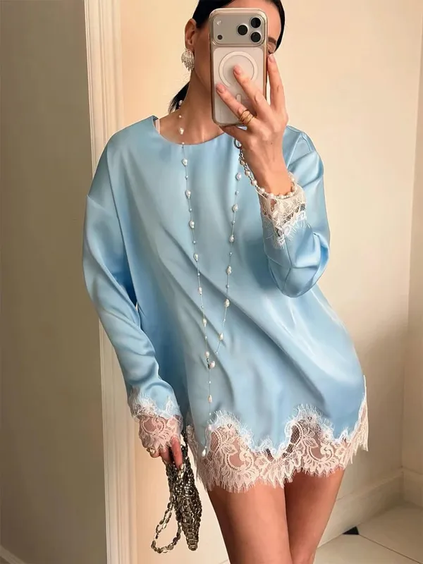 Kvinder Lyseblå Blonder Satin Rund Hals Kjole Elegant Side Slips Langærmet Blød Kort Kjole 2026 Daglig Ferie Fest Solkjole