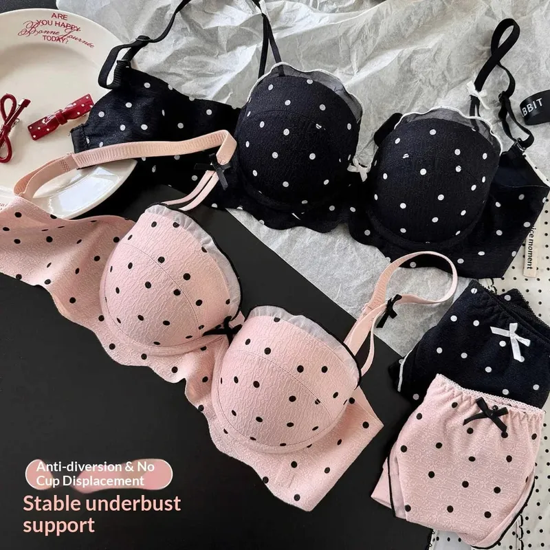 Lace Polka Dot Bra Two-Piece Set Small Bust Gathering Anti-Sagging Side Breast Collection Comfortable Wire-Free Lingerie Set