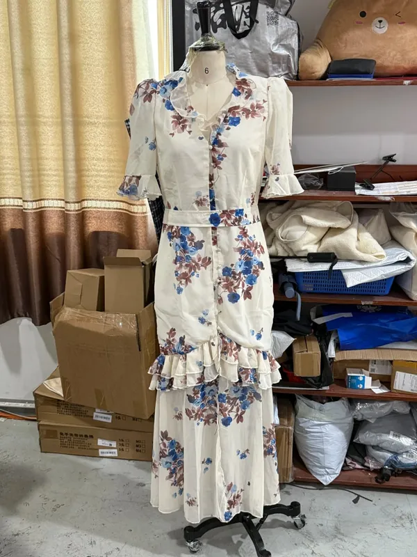 女款花卉印花雪紡長裙浪漫深V領飄袖高低蕾絲邊洋裝2026夏季優雅女士禮服