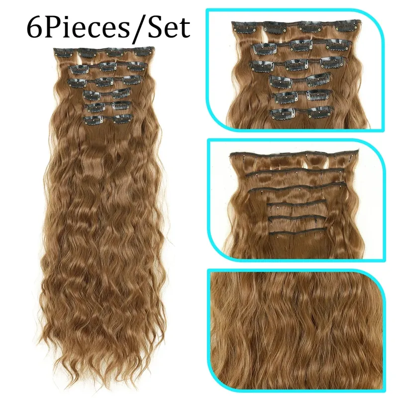 Synthetic Hair Extensions 16Clips In 6PCS Set Curly 22inch Long Clip On Hairpiece Corn Wavy Style For Women Girls Daily Party