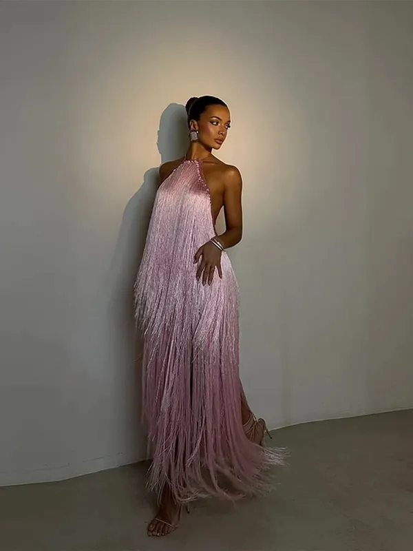 Vestido de festa feminino halter sem mangas sem costas borla sólida feminino longo vestidos de férias 2026 moda verão elegante senhora robe