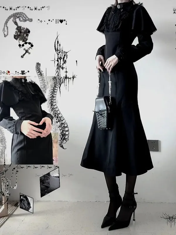 Streetwear Black Vintage Lace Patchwork Dresses Grunge Y2k Aesthetic Pleated Vestidos Gothic Harajuku Woman Bodycon Bow Dress