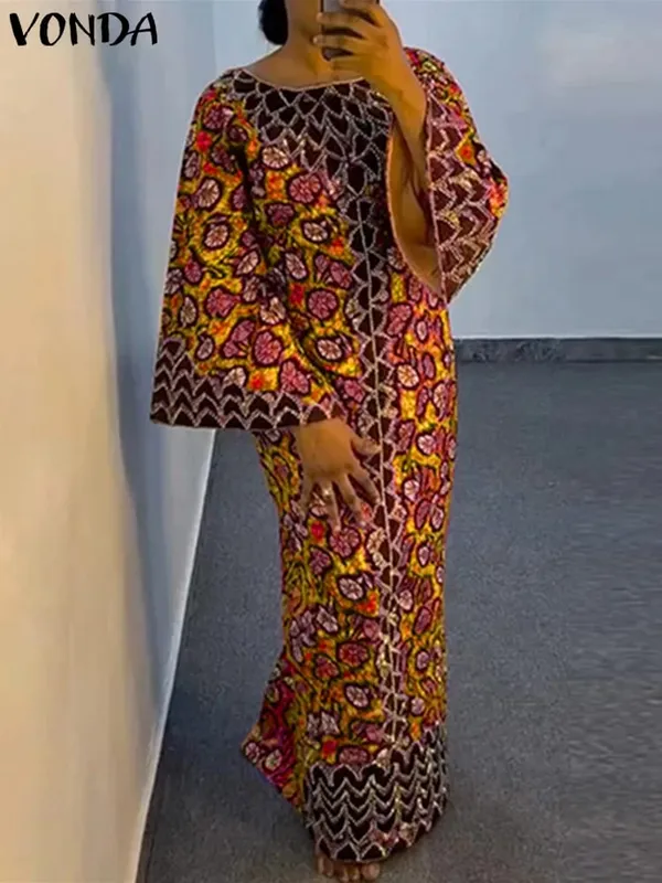 Bohemian Party Dress Elegant Women Printing Sundress Vintage Flare Long Sleeve Maxi Vestidos Oversized O-Neck Robe Femme