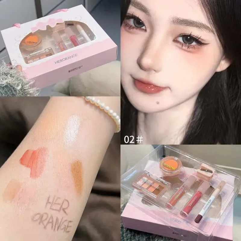 Herorange 6Pcs Mini Makeup Set Lip Gloss Lip Tint Eyeliner Blush Eyeshadow Waterproof Long Lasting