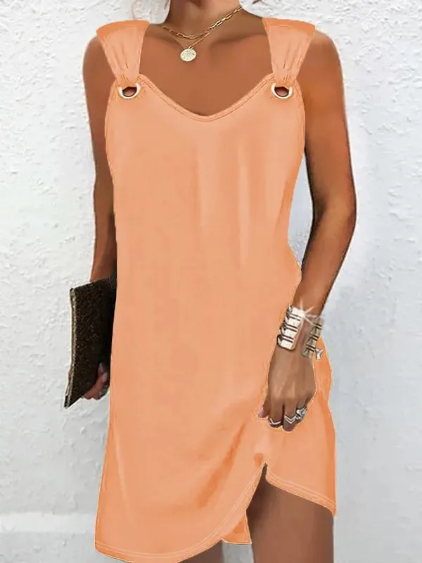Women Summer Casual Dresses 2025 Elegant Simple Style Solid Color Metal Button V-neck Sleeveless Dress Female Sexy Midi Vestidos