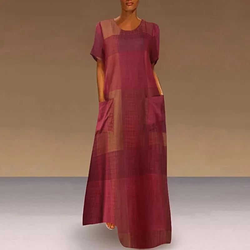 Spring Summer Long Dresses For Women New Floral Printing Short Sleeve Pockets Round Neck Casual Elegant Loose Female's Vestidos