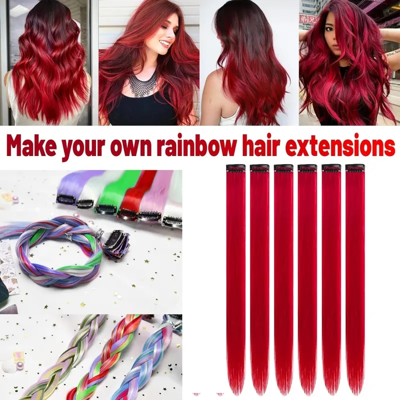 12PCS/Pack Colored Party Highlights Clip in Hair Extensions for Girls 22 Inches Omber Colors Straight Hair Synthetic Hairpieces