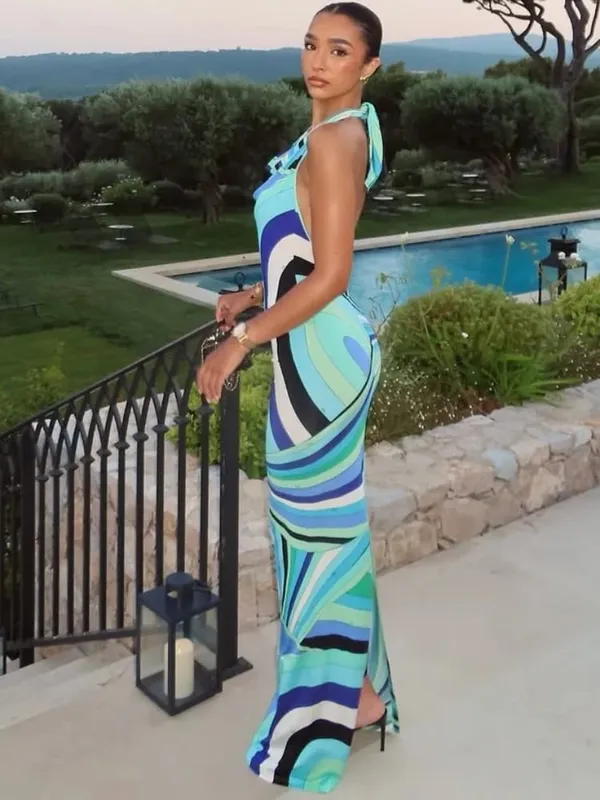 Moda Baskılı Halter Uzun Elbise Kadınlar için Zarif Kolsuz Backless Ince Bodycon Maxi Elbiseler Şık Yaz Plaj Parti Elbiseler — image 2