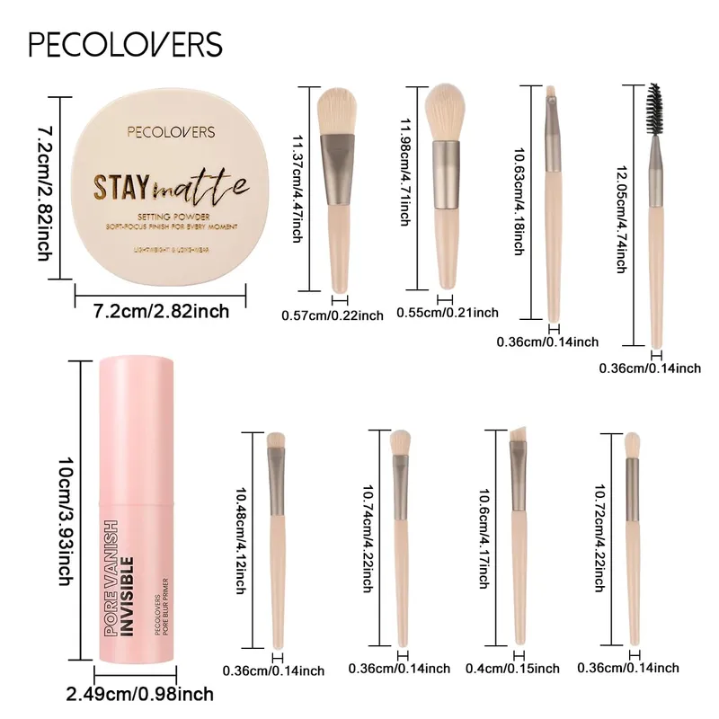 Face Makeup Set-1 Transparent Pore-Closing Stick+1 Oil-Control Loose Powder+8pcs Makeup Brush Tool Summer Waterproof Travel Set